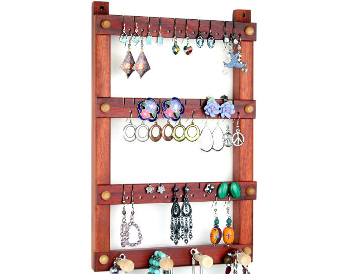 Tom's Earring Holders Small Wall Mount Bloodwood Jewelry Holder with Necklace Holder Bar